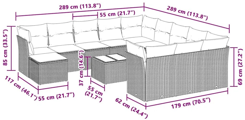 13 pcs conj. sofás jardim c/ almofadões vime PE cinzento-claro