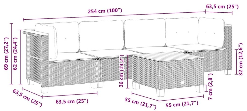 5 pcs conjunto de sofás p/ jardim com almofadões vime PE bege