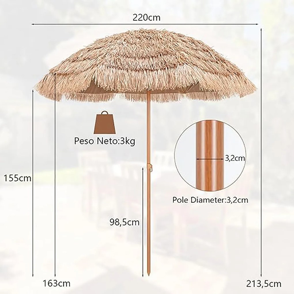 Guarda-sol Ø 220 cm havaiano em palha Plastico PP (BASE NÃO INCLUIDA) com 8 varas e proteção UV natural
