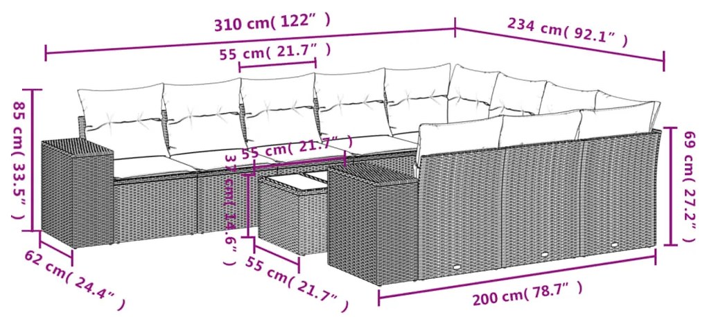 11 pcs conjunto sofás de jardim c/ almofadões vime PE preto