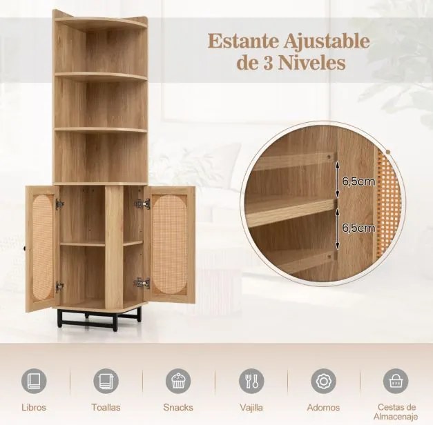 Armário de canto Rattan 172 CM Estante alta com 2 portas 4 prateleiras abertas Pernas ajustáveis Poupança de espaço Pernas ajustáveis Natural