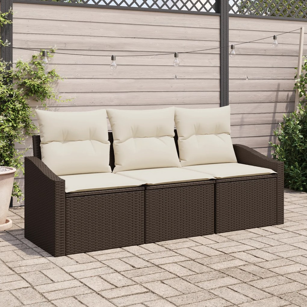 vidaXL Conjunto de Jantar de Jardim 3 Peças com Almofadas Castanho em Polirattan