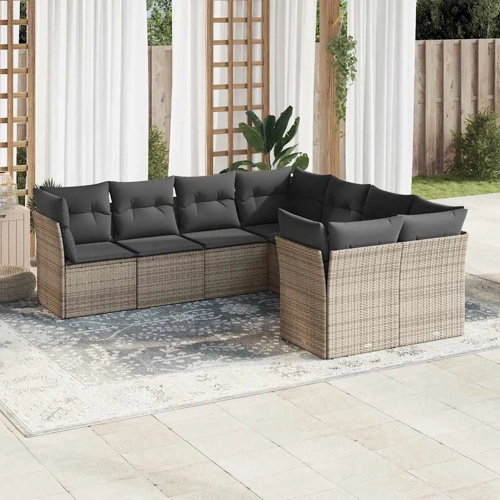 8 pcs conjunto sofás de jardim c/ almofadões vime PE cinzento