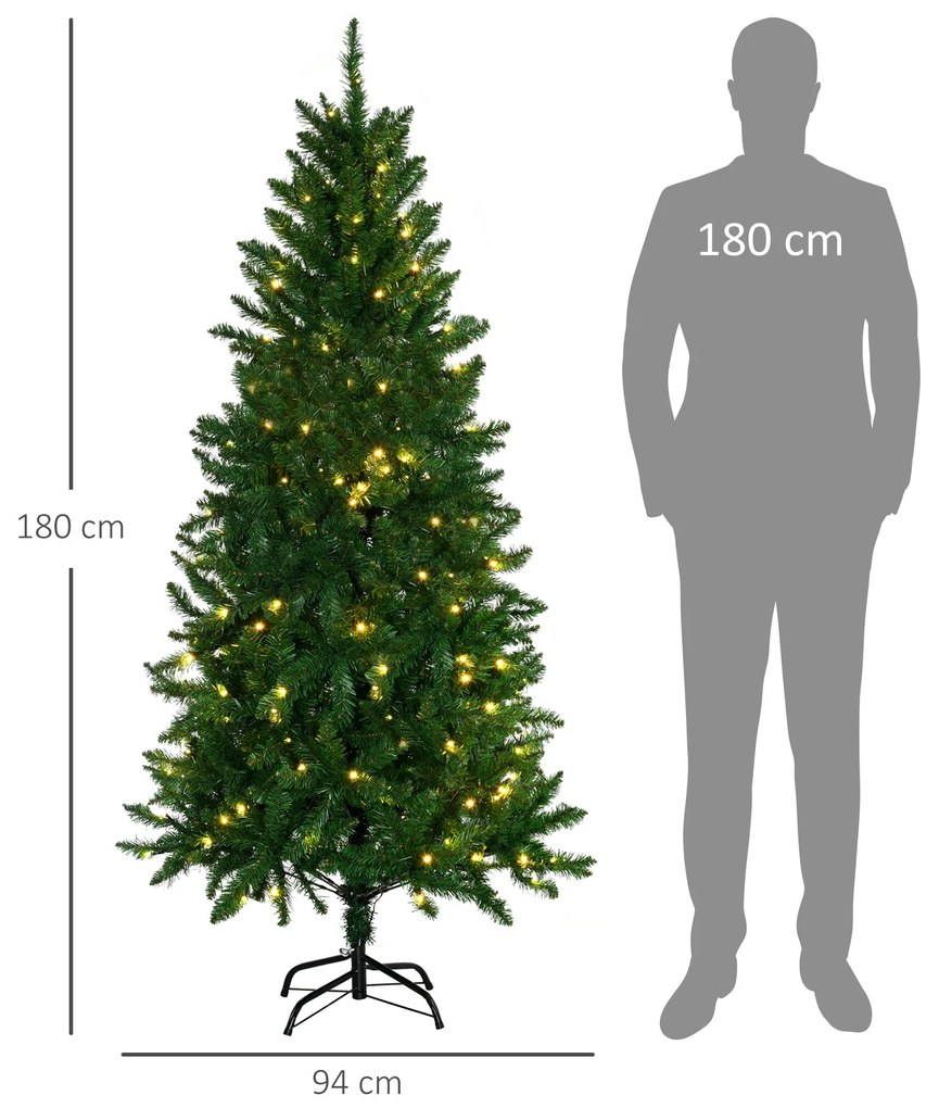 Árvore de Natal Artificial Altura 180cm Ignífugo com 714 Ramos 200 Luzes LED IPX2 8 Modos Folhas de PVC Base Dobrável e Suporte Metálico Decoração de