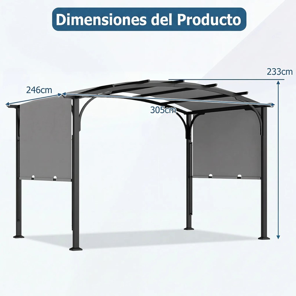 Pérgola Retrátil de Exterior, 305 x 242 x 233 cm, Teto Arqueado, Cinzento