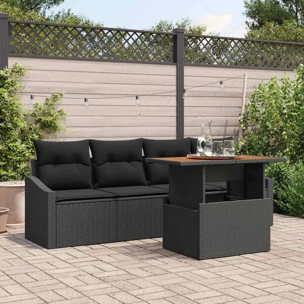 vidaXL Conjunto de Jantar de Jardim de 5 Peças com Almofadas Pretas em Rattan Sintético e Acácia