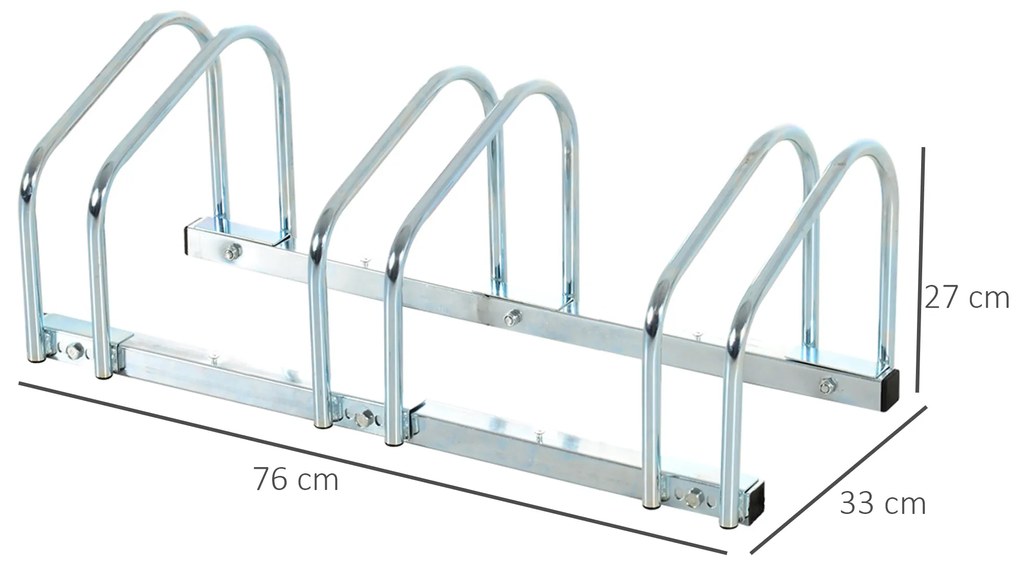 Estacionamento para 3 Bicicletas Suporte de Aço para Estacionar Bicicletas no Chão para Interior e Exterior 76x33x27cm Prata