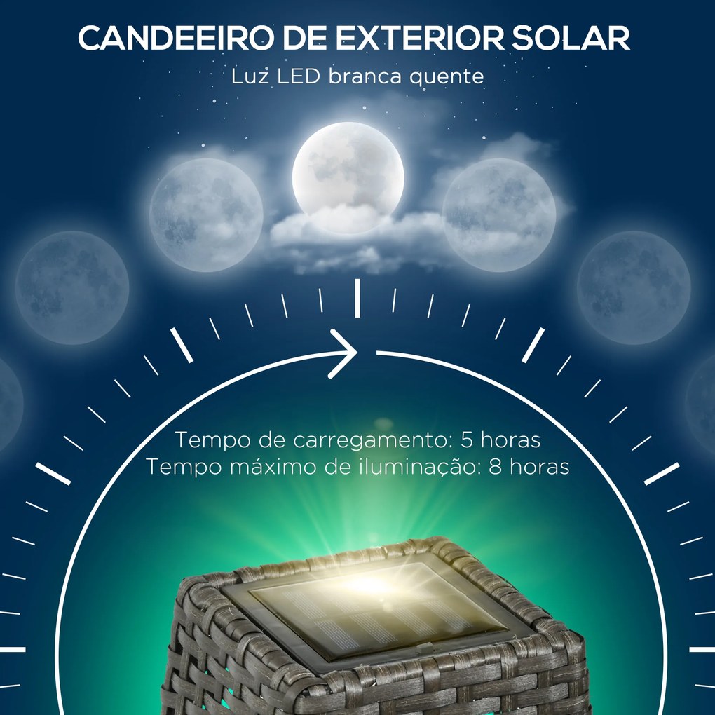 Outsunny Candeeiro de Jardim de Vime Sintético Candeeiro Solar de Exterior com Luzes LED Ligar/Desligar Automático para Varanda Pátio 21x21x78cm Cinza