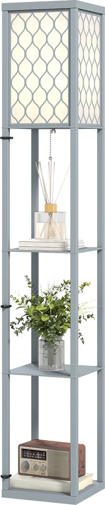 Candeeiro de pé com prateleiras, candeeiro de pé de sala com 3 níveis, interruptor de cordão, 26 x 26 x 160 cm, cinzento e branco