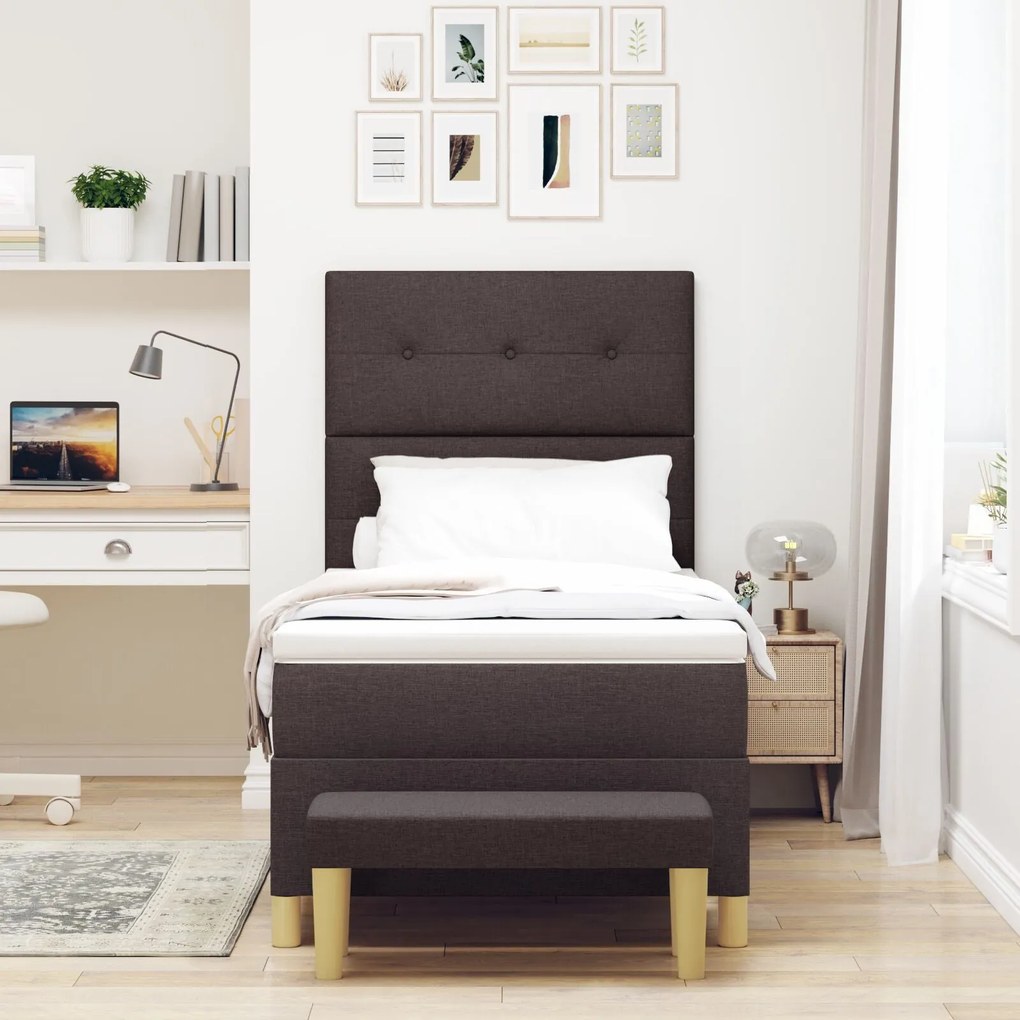 Cama Box Spring vidaXL com Colchão e Banco Marrom Escuro 90x200 cm Tec