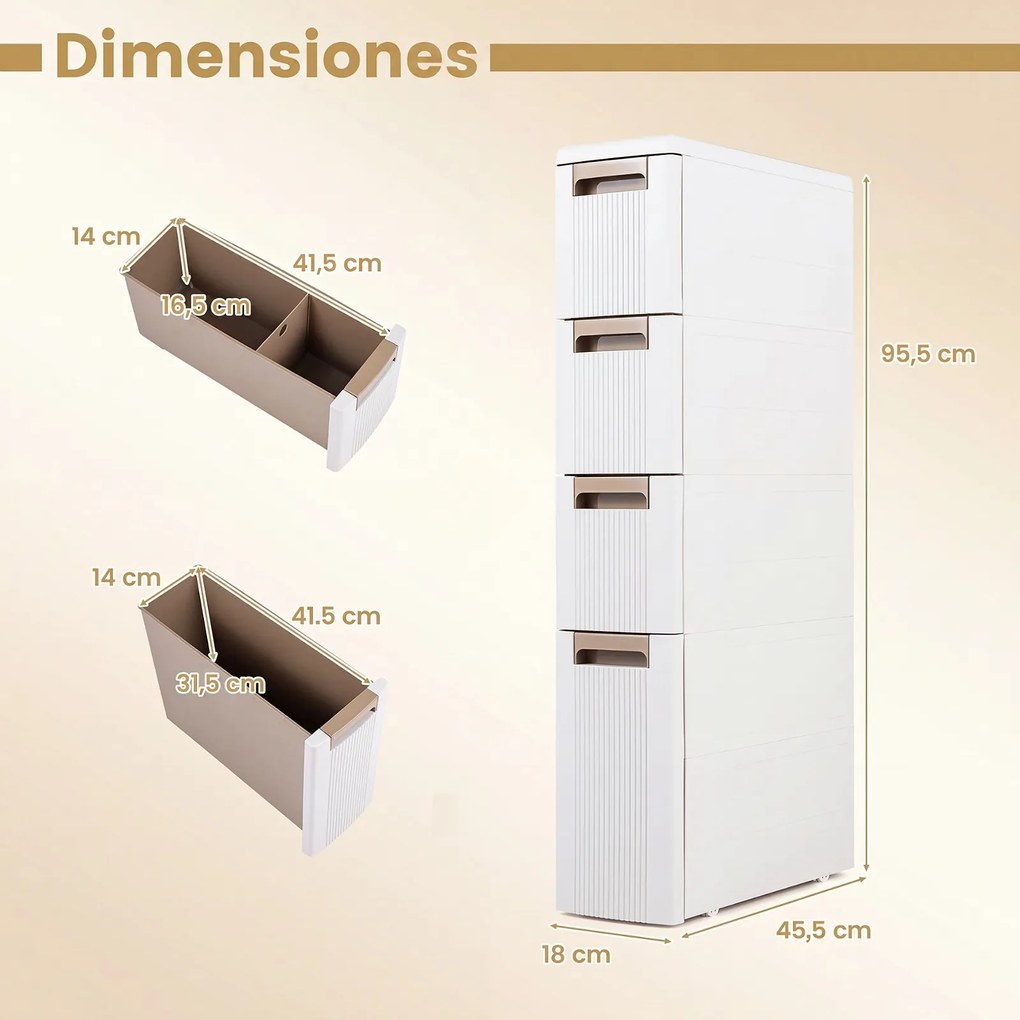 Armário de Arrumação Estreito, 45,5 x 18 x 95,5 cm, 4 Gavetas e Rodas, Bege
