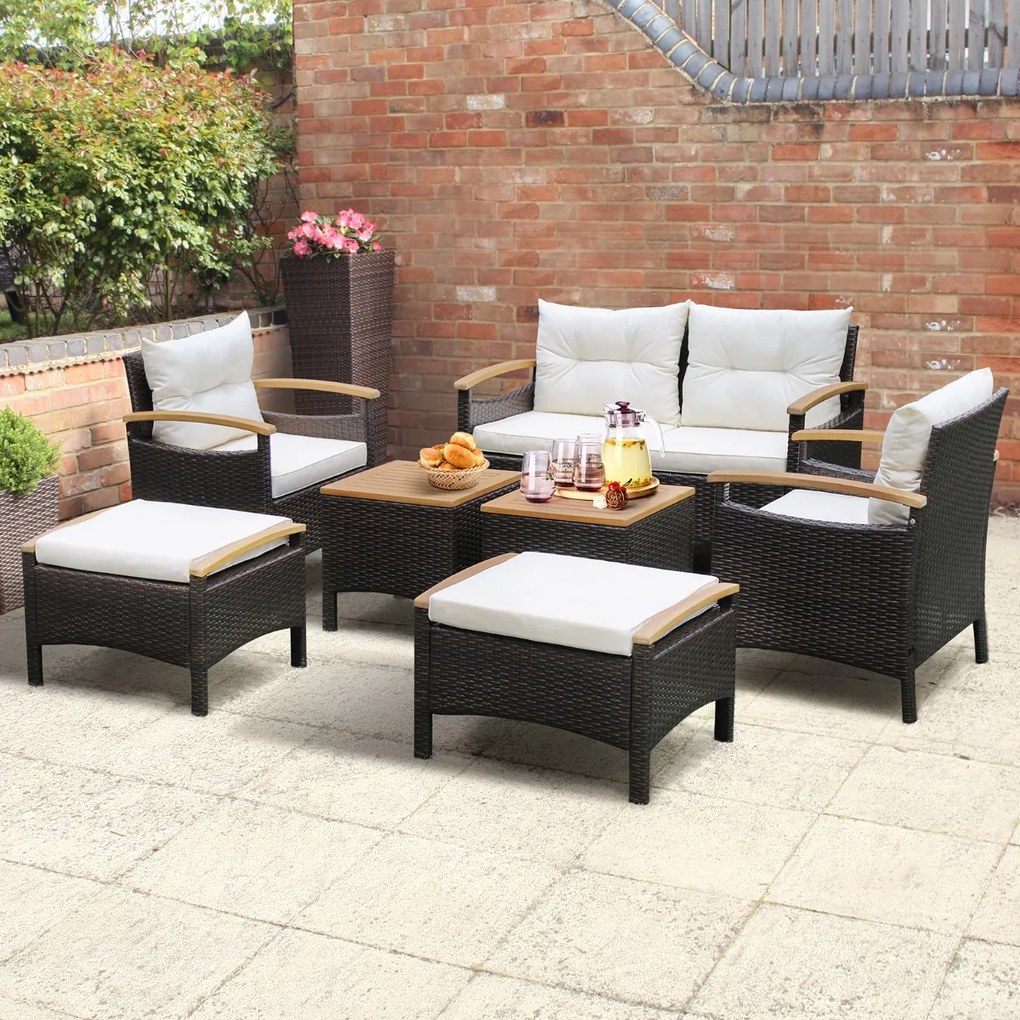 Conjunto de jardim de 7 peças em rattan com almofadas 2 Pufes e 2 mesas Tampo da mesa e apoios de braços Castanho misto e Branco