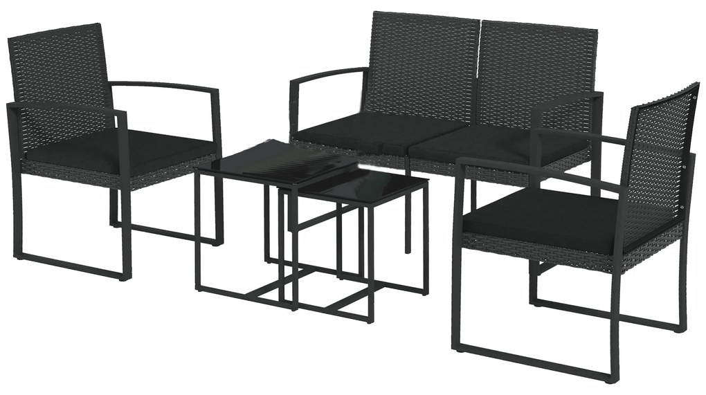 Outsunny Conjunto Móveis de Jardim de Vime Sintético com 2 Poltronas Individuais 1 Sofá Duplo e 2 Mesas de Centro Preto
