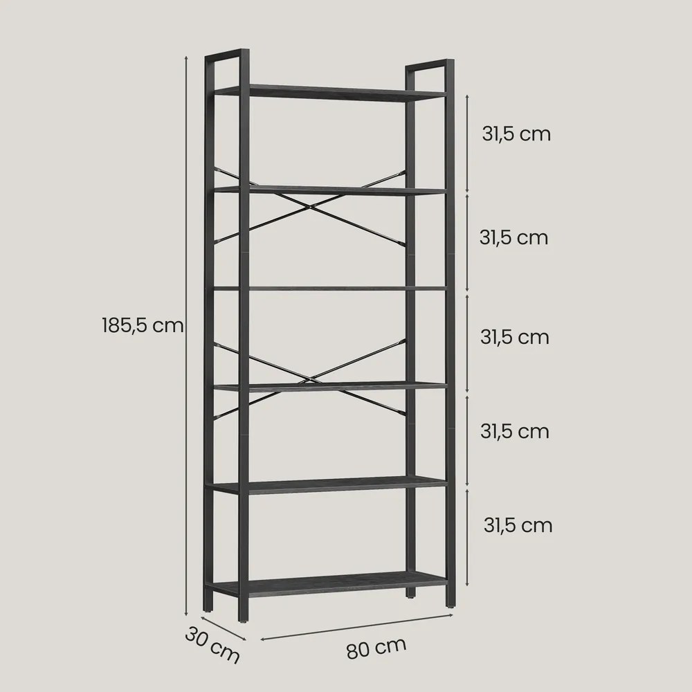 Estante de 6 prateleiras 30 x 80 x 186 com estrutura em aço preta