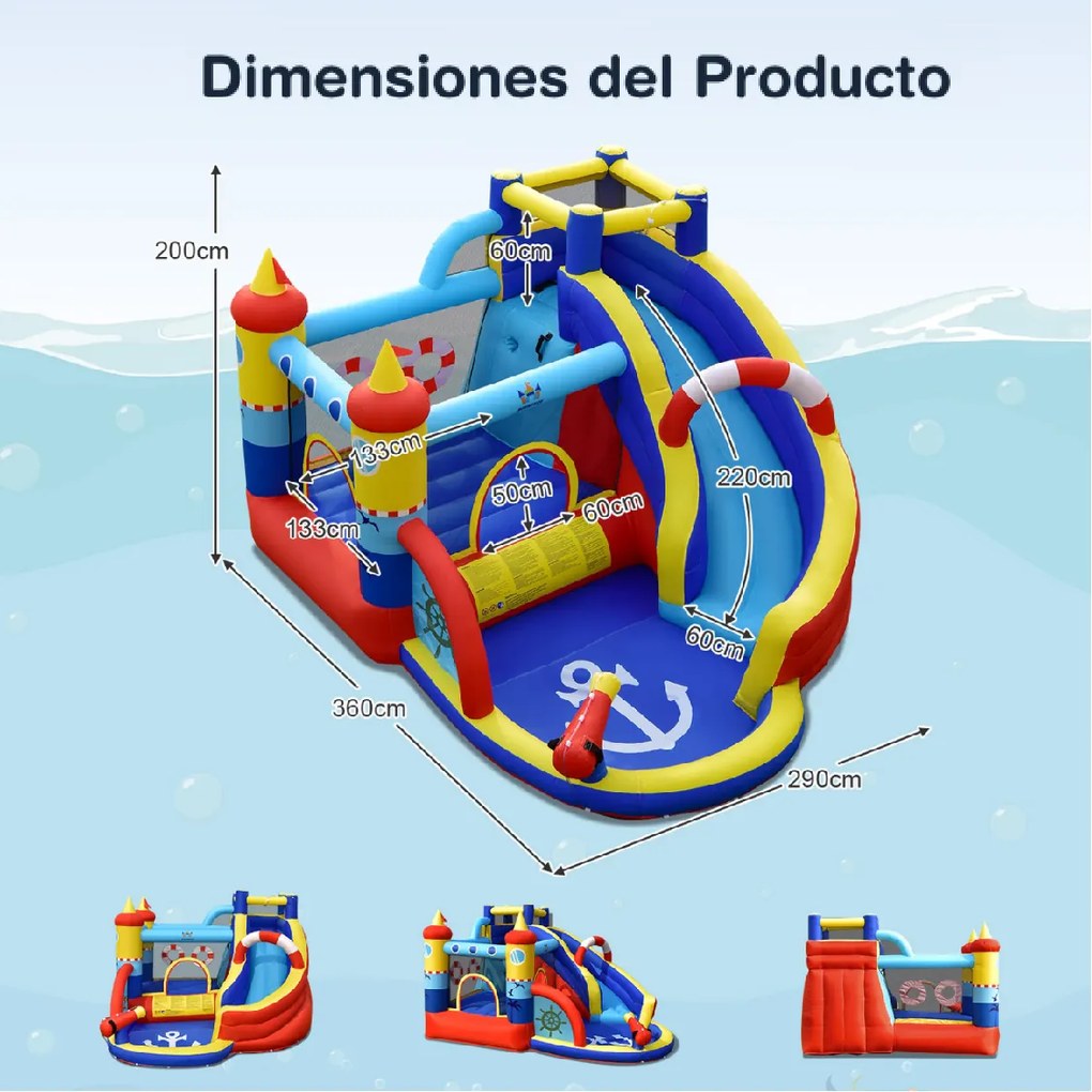 Castelo insuflável com compressor de 450 W Parque aquático infantil 6 em 1 com escorrega Área para saltar Piscina em forma de barco 360 x 290 x 200 cm