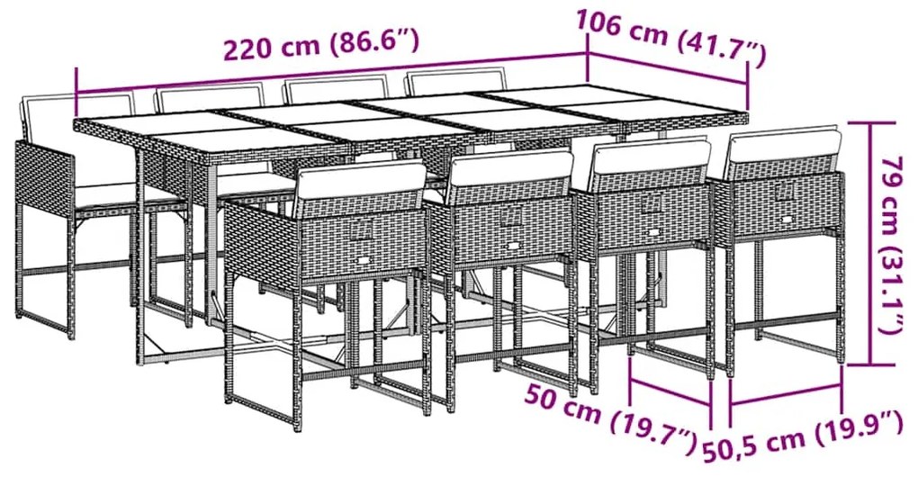 9 pcs conjunto de jantar p/ jardim c/ almofadões cinzento claro