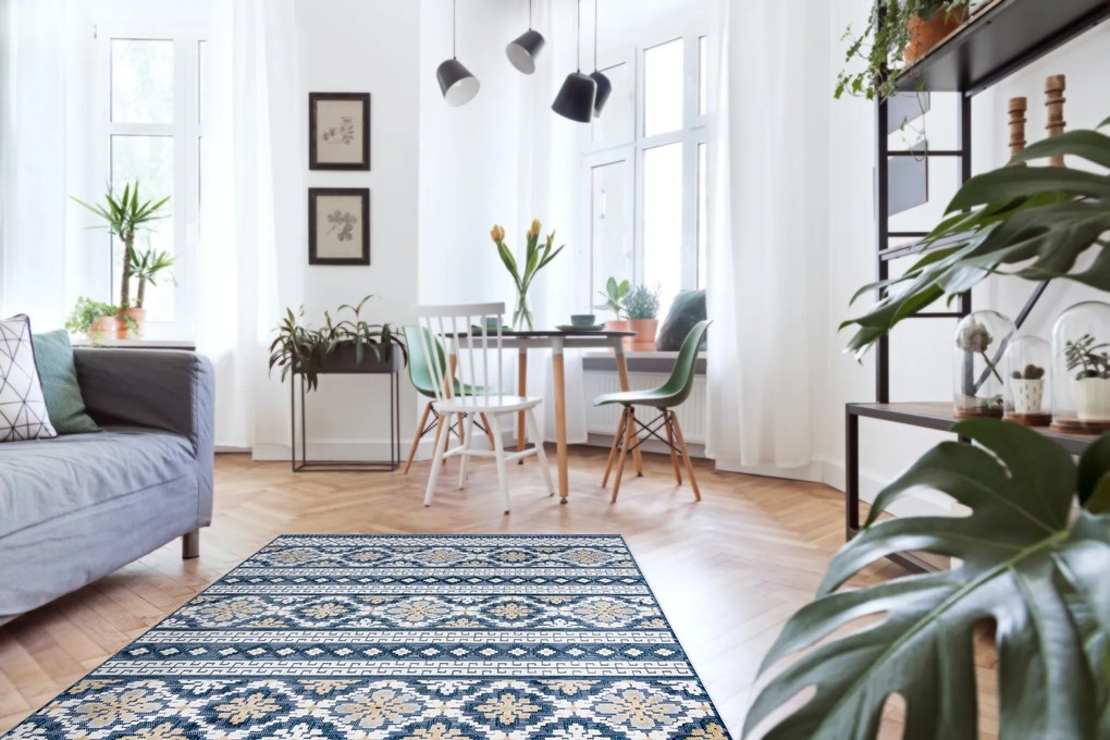 Carpet Structural BOTANIC 65252 Boho, tecido plano na varanda, terraço - azul escuro