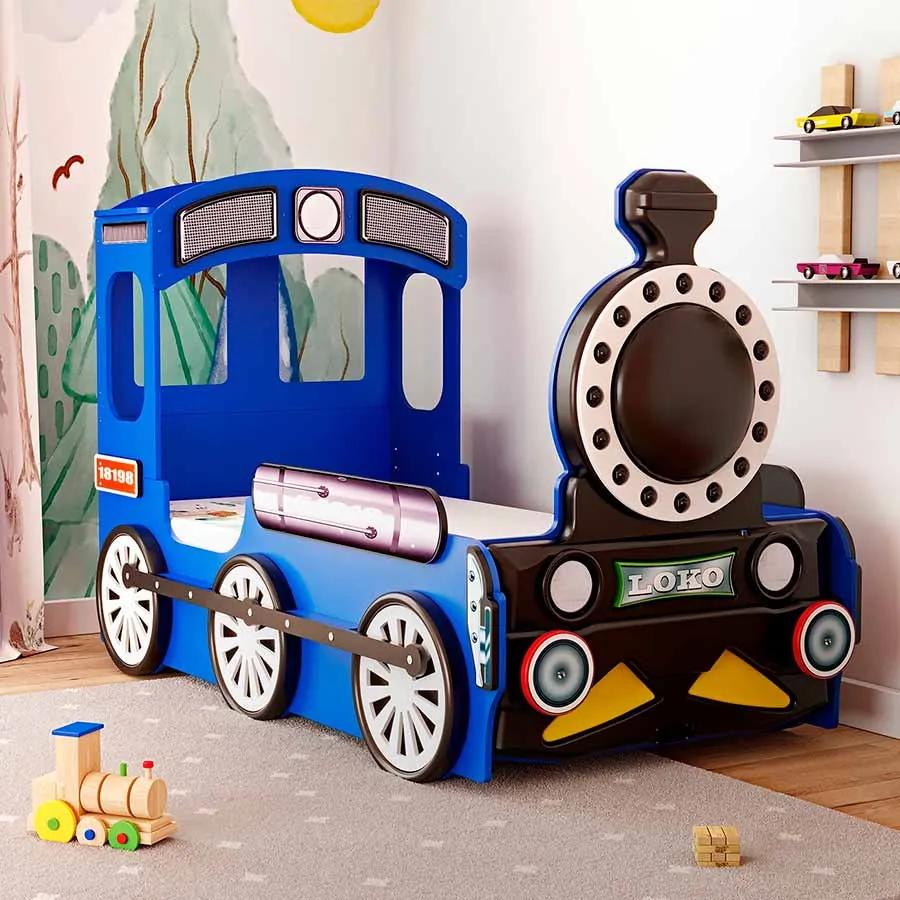 Cama para criança Comboio 205 x 120 x 130 cm, Com Luzes LED, Oferta colchão e estrado, capacidade de 100 kg, Azul