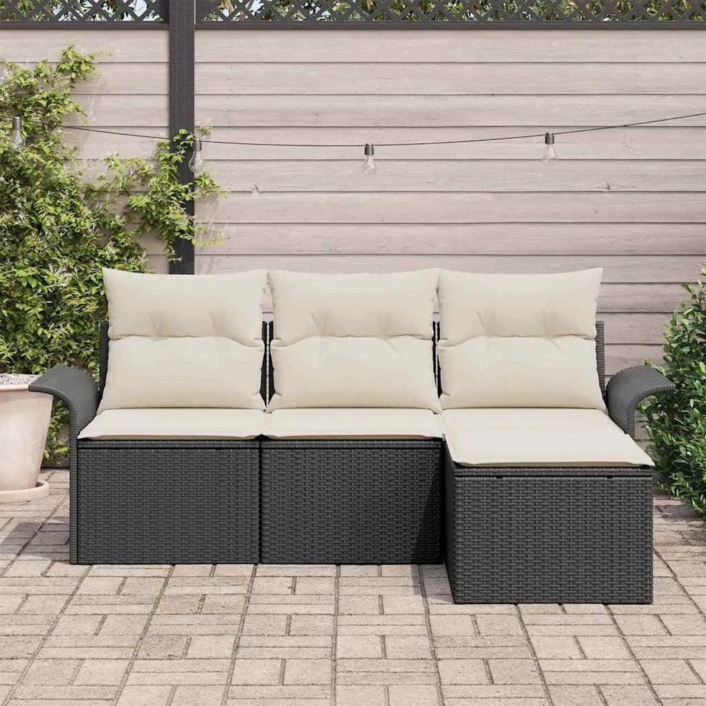 Conjunto de Sofá de Jardim de 4 Peças com Almofadas Preto Vime Poliést