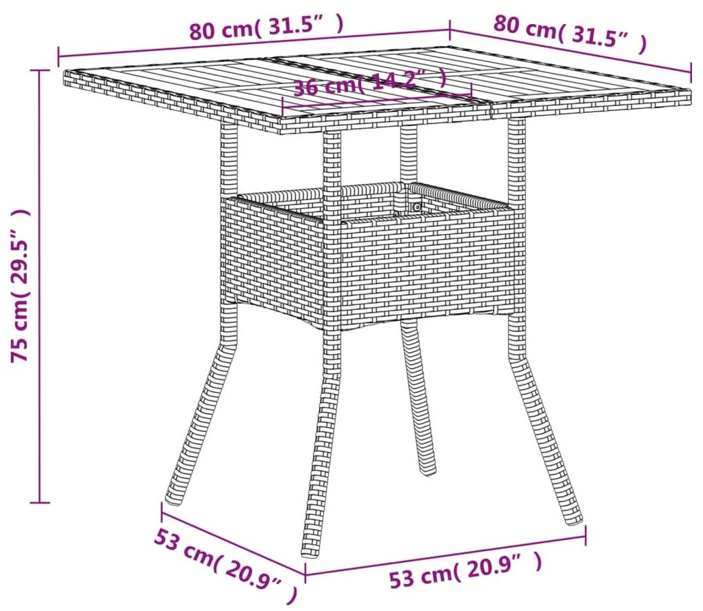 Mesa de jardim 80x80x75 cm vime PE e madeira de acácia bege