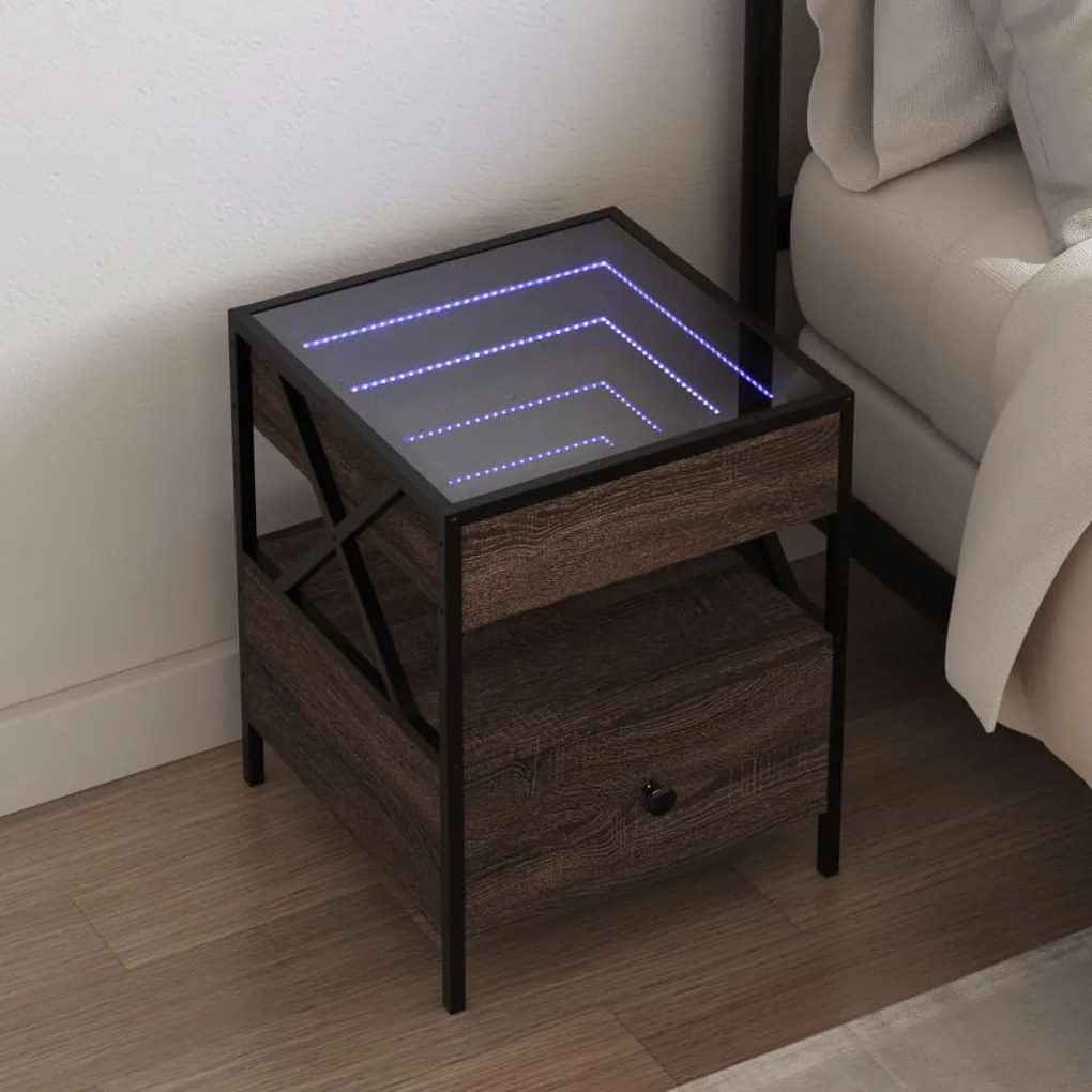 vidaXL Mesa de cabeceira c/ LED Infinity 40x40x51 cm carvalho castanho