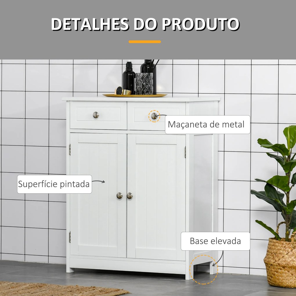 Armário Auxiliar Casa de Banho Móvel Auxiliar de Casa de Banho com 2 Gavetas 2 Portas e Prateleira Ajustável Estilo Moderno para Duche Dormitório 60x3