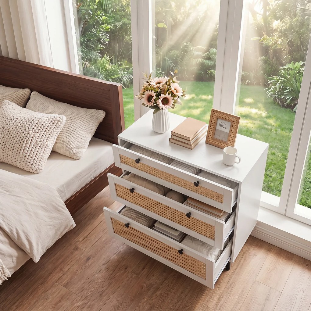 Cómoda de 3 Gavetas, 75 x 35 x 77,5 cm, Frentes com Imitação de Vime, Branco