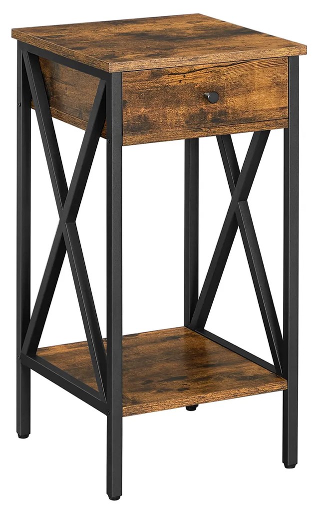 Mesa de cabeceira com gaveta e prateleira, estilo industrial. | VASAGLE | 35 x 35 x 70 cm | castanho rústico e preto | LET501B01.