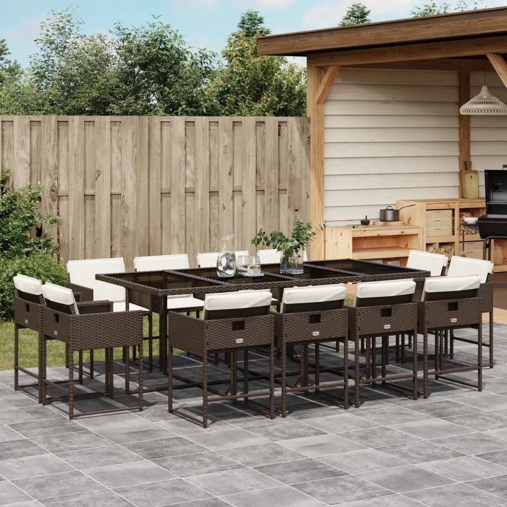 13 pcs conjunto jantar p/ jardim c/ almofadões vime PE castanho