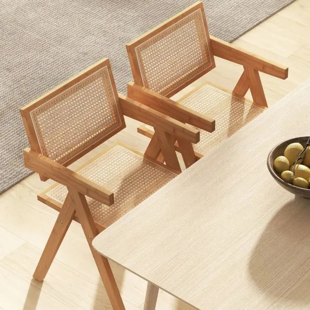 Conjunto de 4 cadeiras de jantar em rattan com estrutura de bambu, costas em imitação de cana e apoios de braços para cozinha 50 x 52 x 81 cm Natural