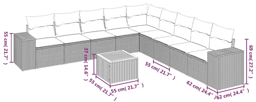 10 pcs conjunto de sofás p/ jardim com almofadões vime PE bege