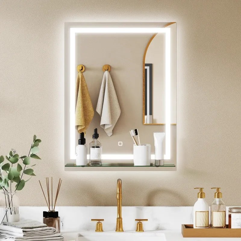 Espelho de Casa de Banho com Luzes LED 60x80 cm 3 Cores de Luz Brilho Ajustável Prateleira de Vidro Função de Memória Prata