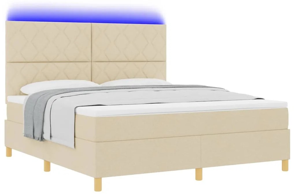 Cama Box Spring com Colchão &amp; LED Creme 180x200 cm Tecido
