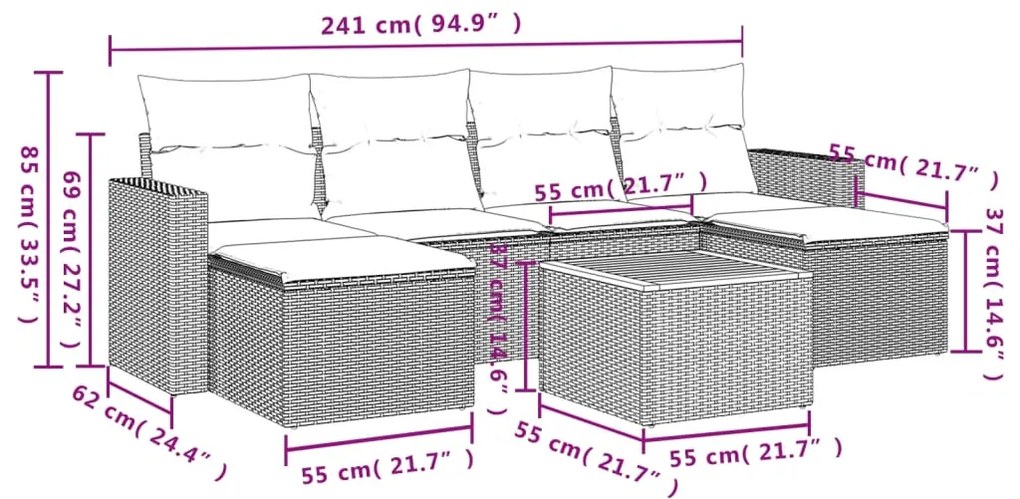 7 pcs conj. sofás jardim c/ almofadões vime PE bege misturado