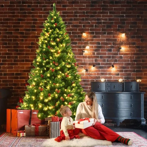 Árvore de Natal iluminada de 2 m com 1100 ramos de pinhas decorativas e bagas vermelhas para casa, escritório, lojas e hotéis Verde