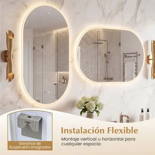 Espelho 90x55 cm ovalado iluminado de parede para casa de banho sem moldura LED vidro temperado HD antiembaciamento 3 modos cor ajustável Prata