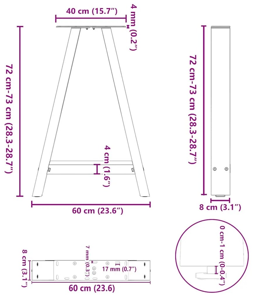 Pés para mesa de jantar em formato A, 2 peças, preto, 60x(72-73) cm, a