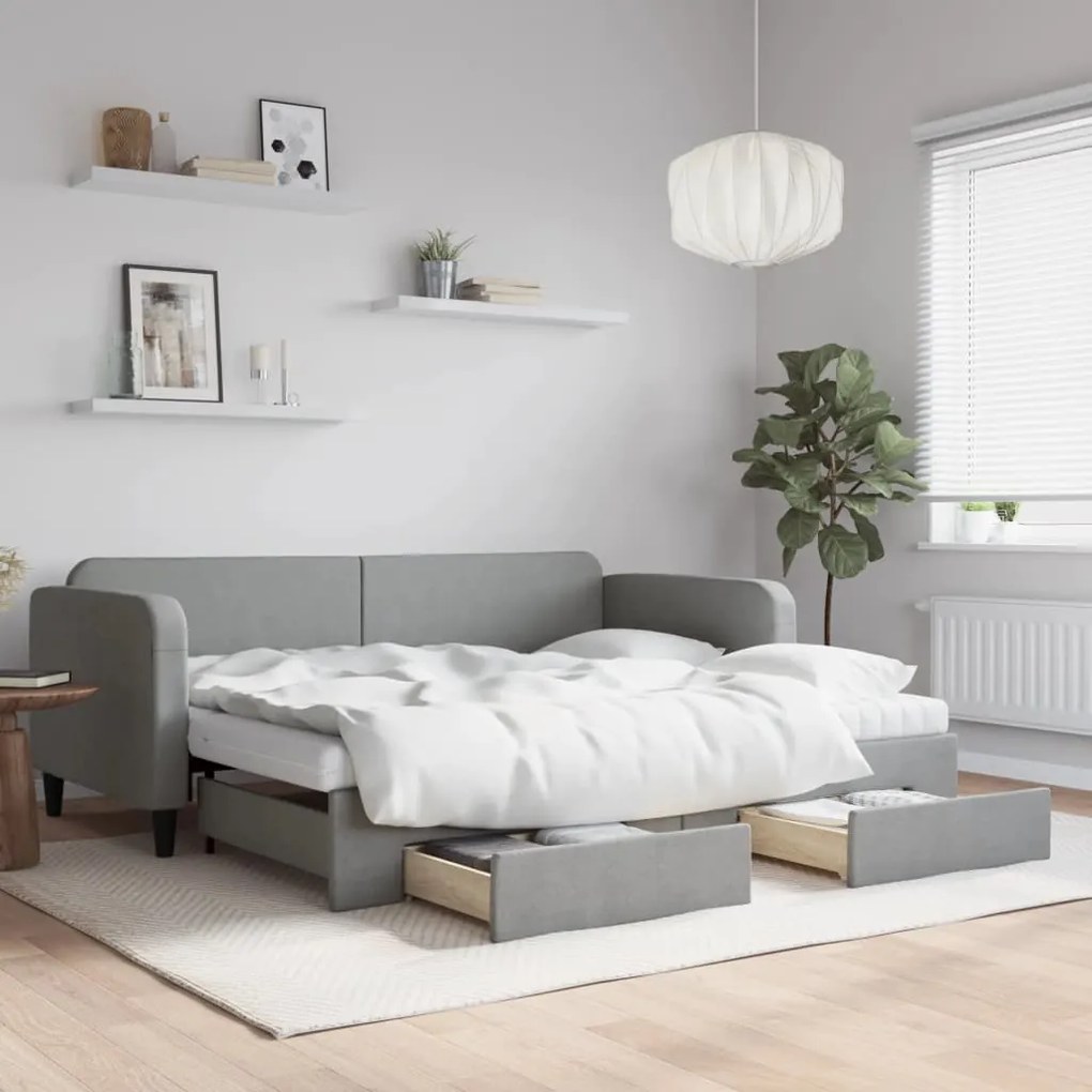vidaXL Sofá-cama c/ gavetão e gavetas 90x190 cm tecido cinzento-claro