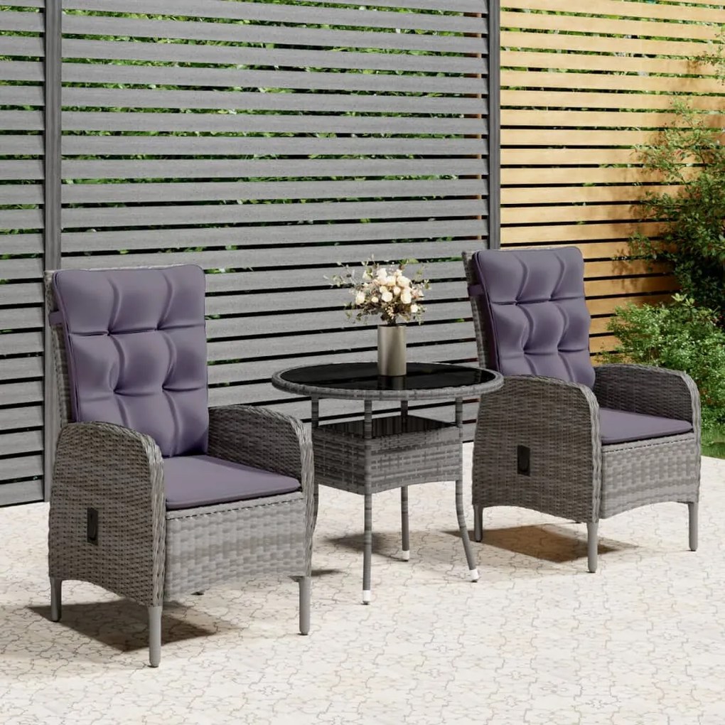 3 pcs conjunto de bistrô para jardim vime PE cinzento