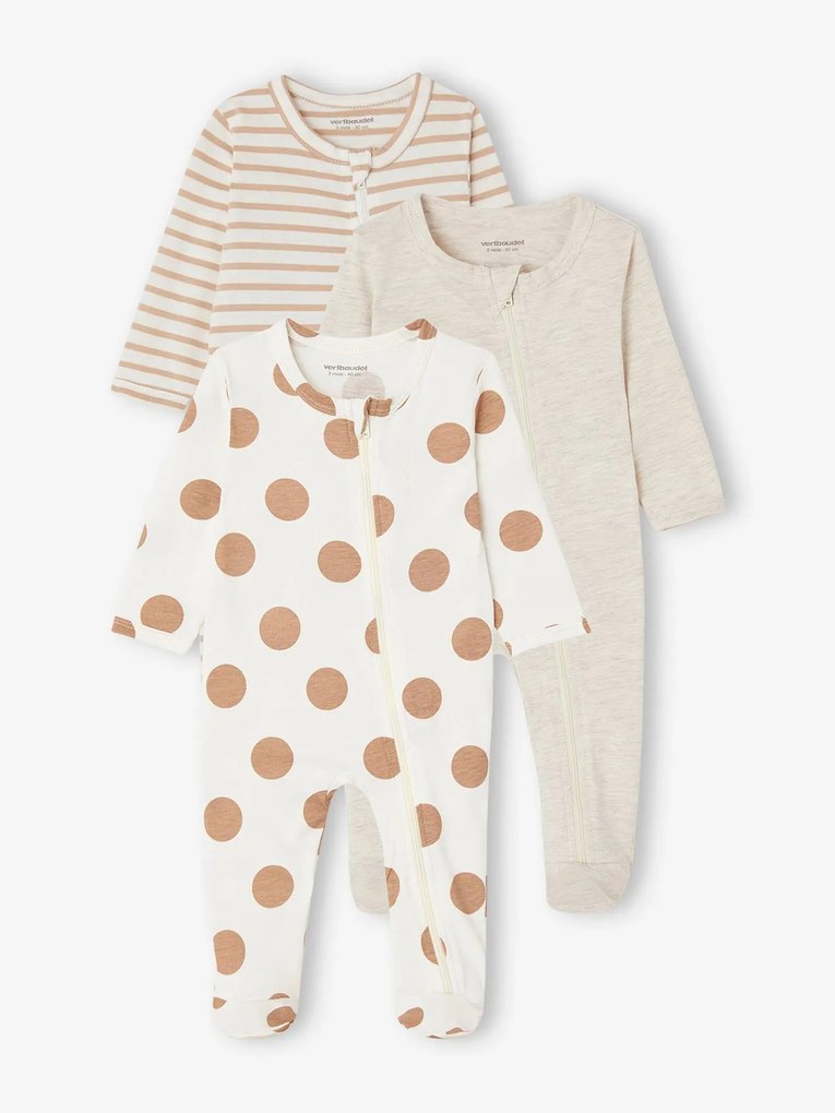 Lote de 3 pijamas em jersey, abertura com fecho, BASICS, para bebé cappuccino