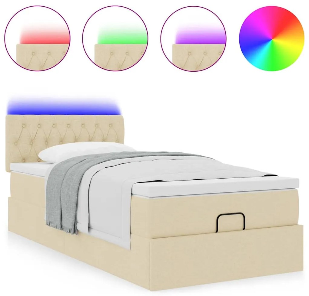 Cama Otomana com colchão &amp; LEDs 90x200 cm tecido creme