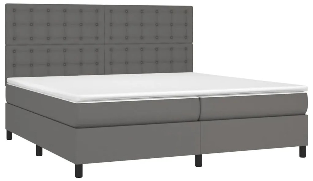 Cama box spring c/ colchão/LED 200x200cm couro artificial cinza