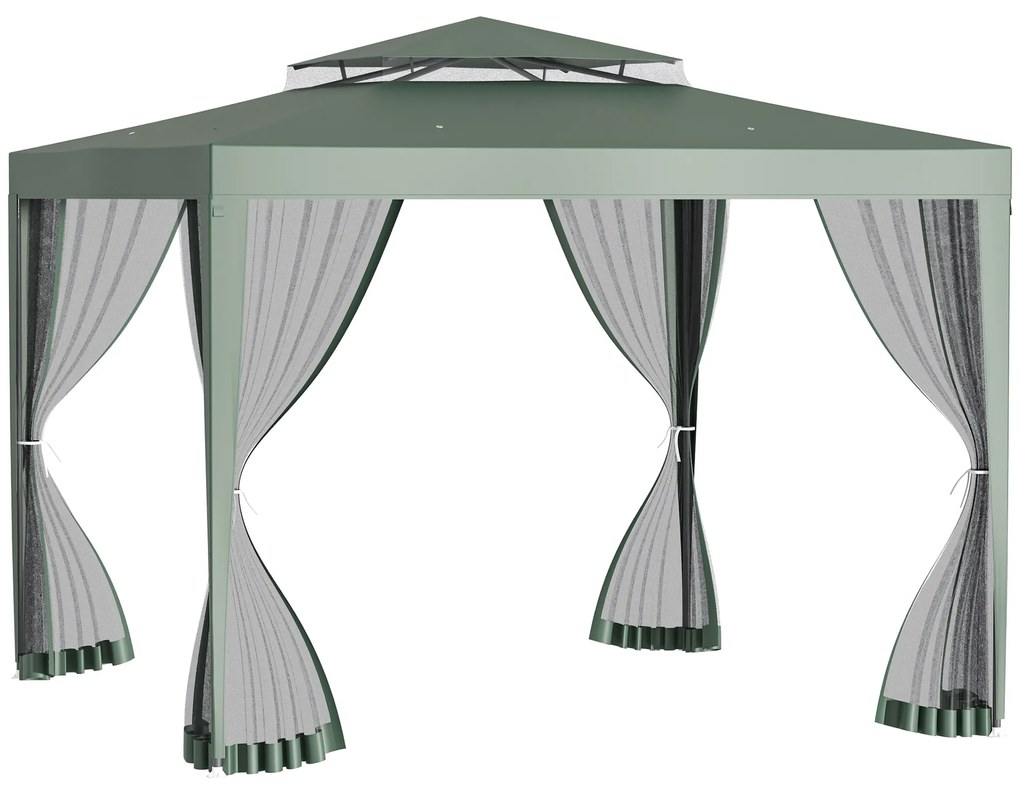 Outsunny Pérgola de Jardim 3x3m Pérgola com 4 Redes Mosquiteiras Laterais com Zíper Teto de Ventilação e 8 Orifícios de Drenagem Pérgola para Terraço Pátio Exterior Verde
