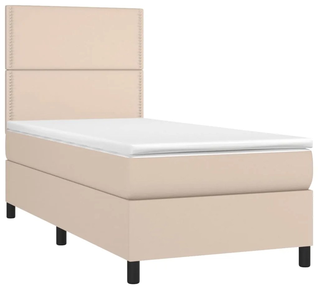 Cama box spring c/ colchão/LED 90x200cm couro artif. cappuccino