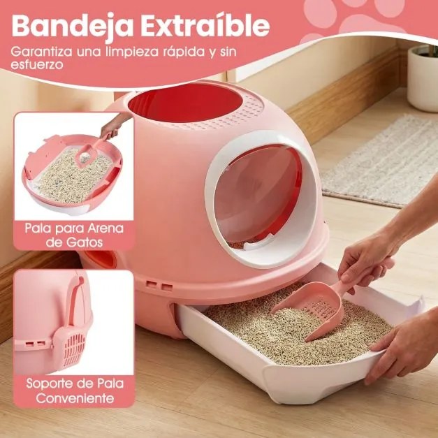 Caixa de areia fechada para gatos com entrada frontal e superior, inclui pá e bandeja para gatos até 10 kg, cor rosa