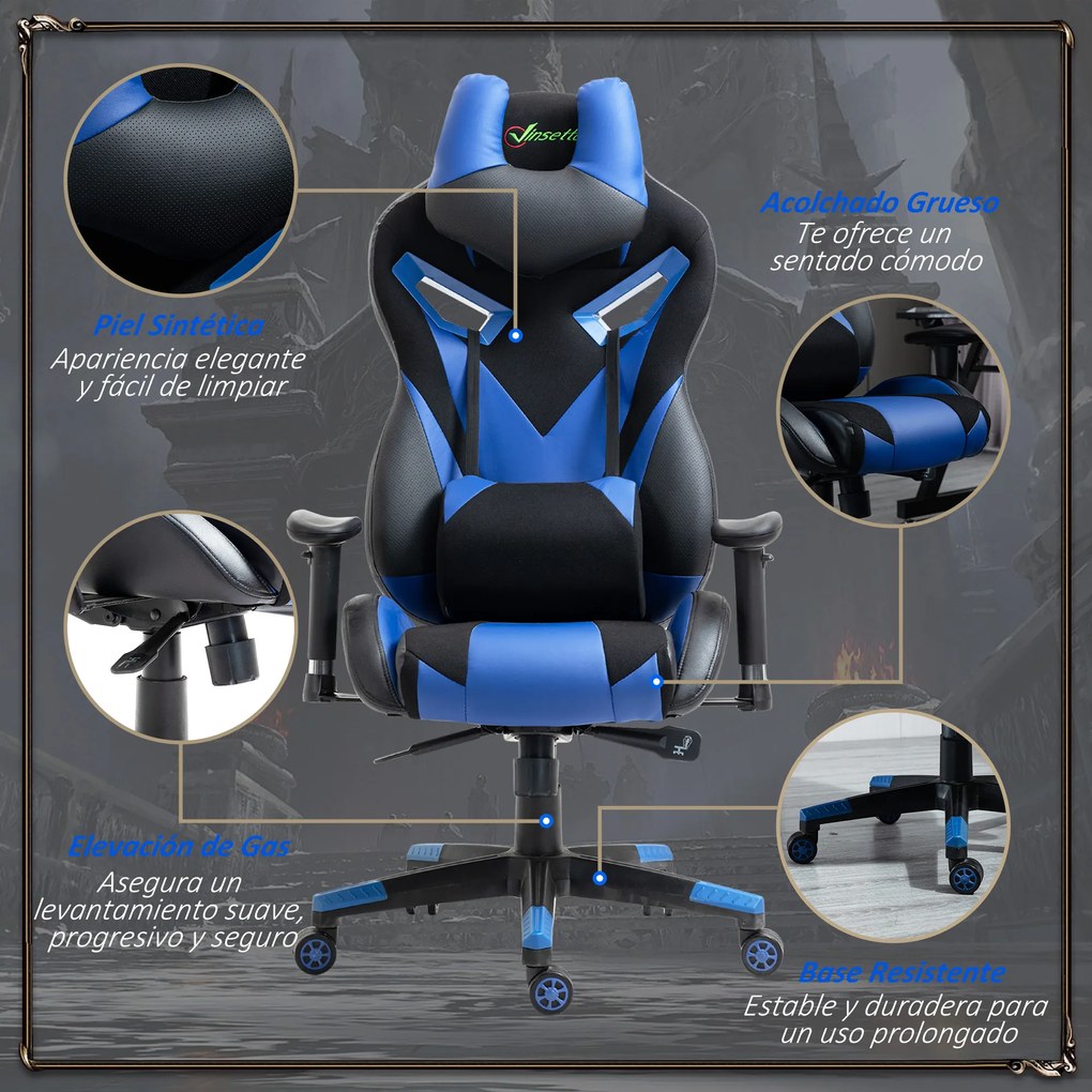 Vinsetto Cadeira de Gaming Ergonômica Cadeira Gamer Giratória com Altura Ajustável Apoio para o Braço Apoio para a Cabeça e Almofada Lombar Removíveis 72x77x127-13cm Azul
