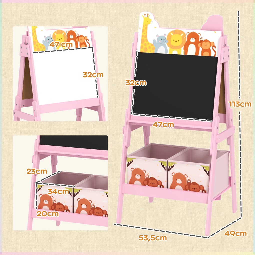 Quadro infantil com cavalete, dupla face, com 2 caixas de arrumação, para crianças dos 3 aos 8 anos, 49 x 53,5 x 113 cm, cor-de-rosa