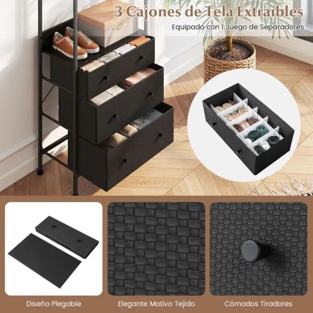 Guarda Roupa com gavetas com barra para pendurar e prateleiras para entrada do quarto 55 x 28 x 176 cm Preto