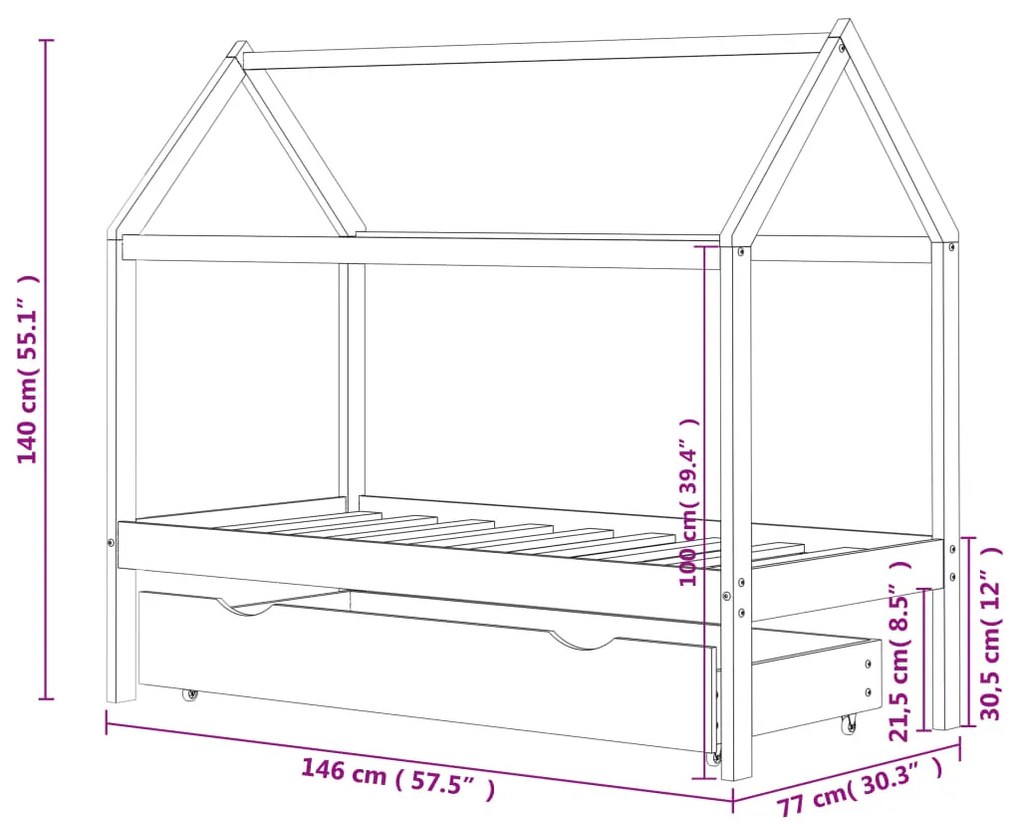 Cama para crianças c/ gaveta 70x140 cm pinho maciço branco