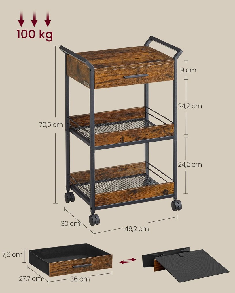 Carrinho de cozinha com 3 níveis e Rodas 30 x 46,2 x 70,5 cm Castanho vintage-Preto